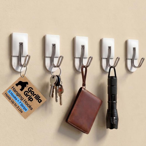 GORILLA GRIP Heavy-Duty Adhesive Hooks - Damage-Free Wall Hanger for Kitchen & Bathroom | 5 Pack with 2 Extra Strips