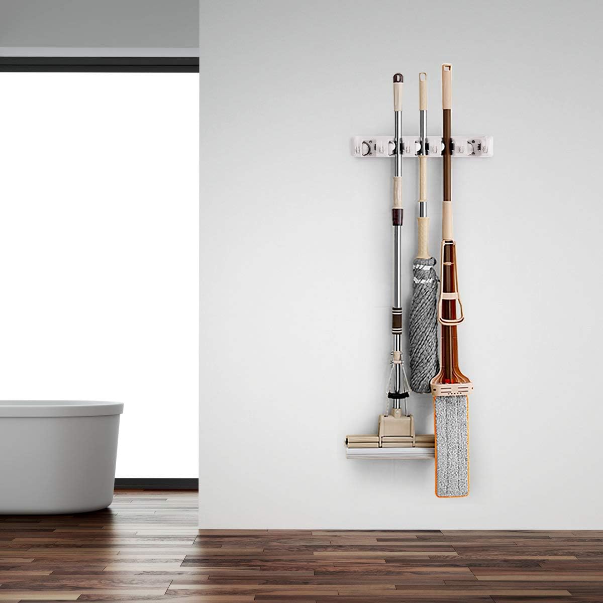Tangkula Wall Mount Broom Holder - 5 Slot Organizer with 6 Hooks for Home, Kitchen & Garage Storage (White)