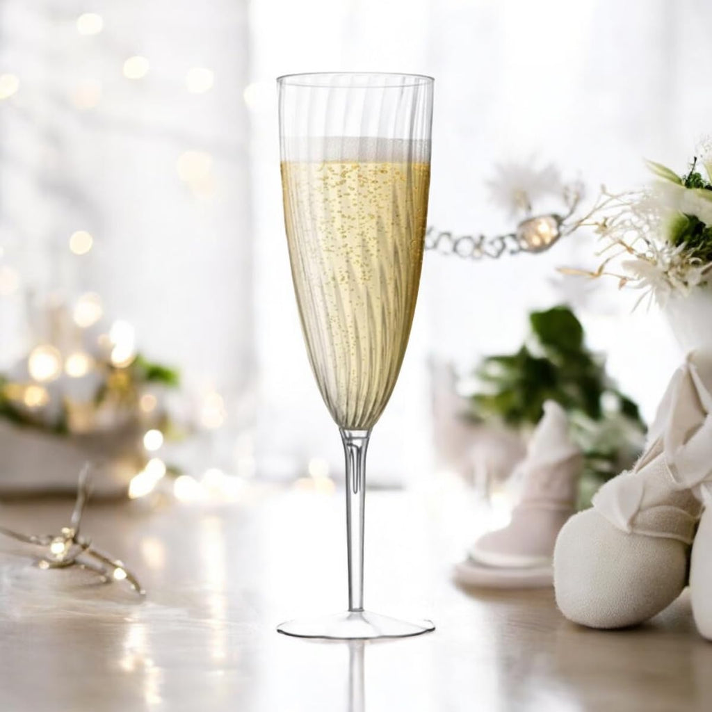 Oojami 6 Oz Plastic Champagne Glasses 24 Pack, Hard Disposable Plastic Champagne Flute Party Wedding Toasting Drinking Champagne Flutes (Gold Rim)