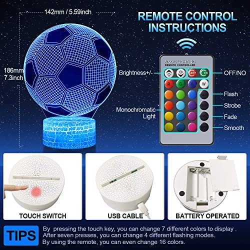 3D Soccer Ball LED Night Light, Remote Control Color Changing Lamp