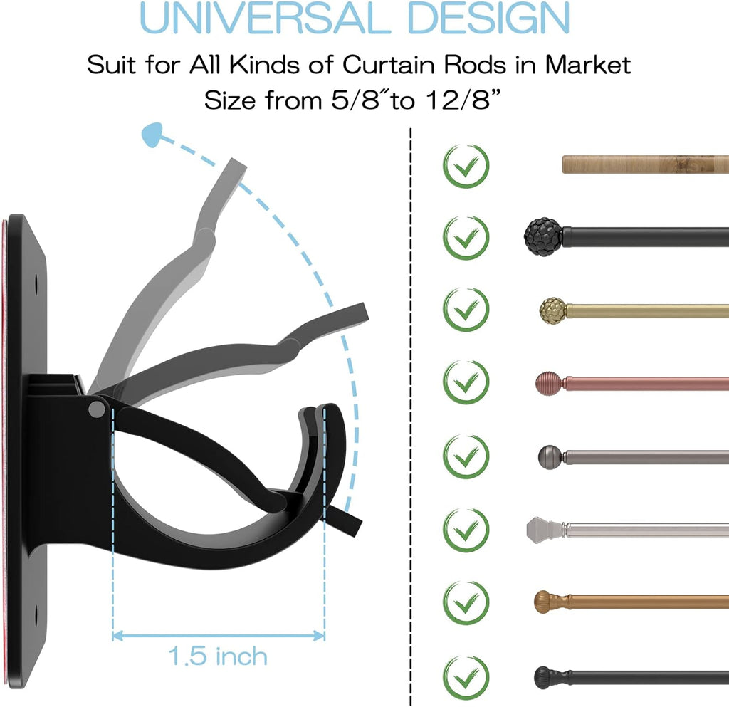 Skiennix Self-Adhesive Curtain Rod Brackets - No Drill, Universal Holders for Home | Black, 2 Pieces