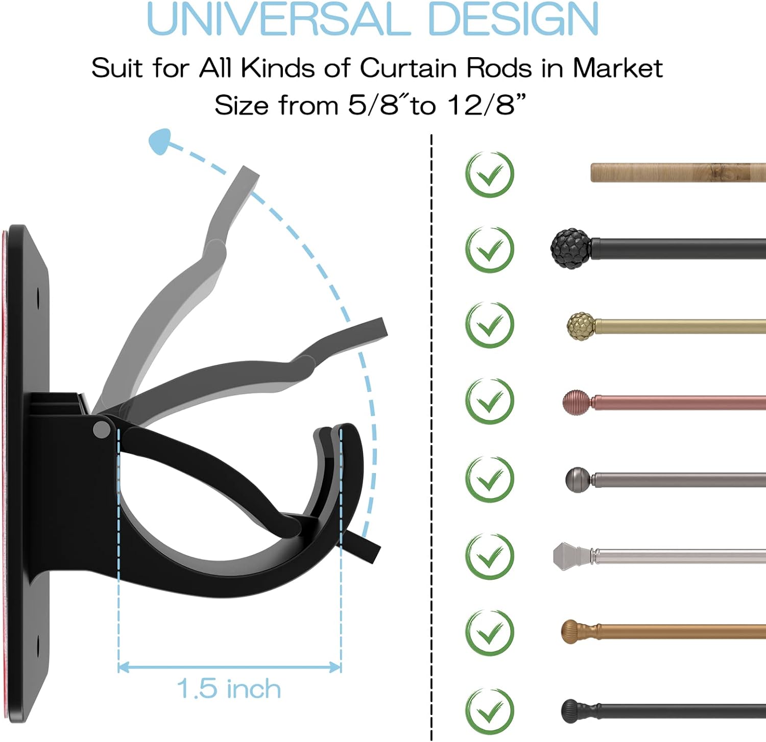 Skiennix Self-Adhesive Curtain Rod Brackets - No Drill, Universal Holders for Home | Black, 2 Pieces