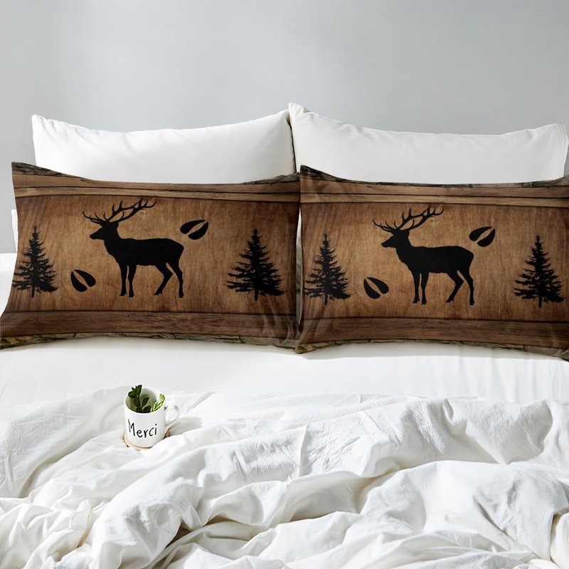 Manfei Rustic Deer Duvet Cover Set King Size, Black Trees Deer Paw Print Comforter Cover with 2 Pillowcases, Brwon Wooden Plank Bedding Set 3pcs for Kids Boys Wild Animal Bedspread Cover,No Comforter