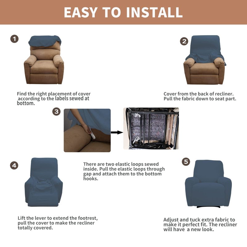 Easy-Going 100% Waterproof Recliner Cover, Dual Waterproof Couch Cover for Recliner, 1- Piece Jacquard Sofa Cover, Leakproof Sofa Slipcover for Kids, Pets, Dog and Cat (Recliner, Bluestone)