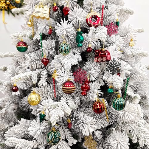 82-Piece Christmas Ornament Set - Red Green Gold Assorted Plastic Ball, Snowflakes, Icicles & Train Decorations