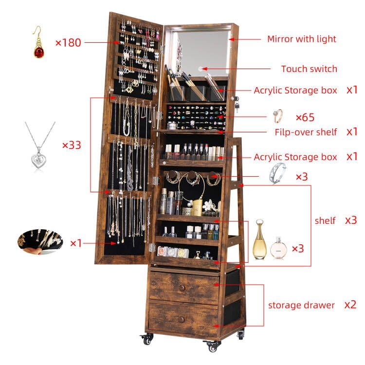 Rustic Brown 4-in-1 Rotating Jewelry Cabinet with Mirror & LED Lights