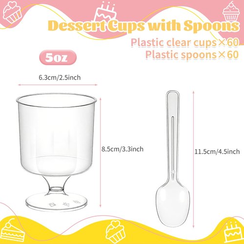 Hsxfl 120 Pcs Mini Dessert Cups with Spoons 60 Pcs 5 OZ Small Clear Plastic Dessert Parfait Cup 60 Pcs, Round Goblet Disposable Fruit Ice Cream Cake Pudding Cups Appetizer Bowl For Party