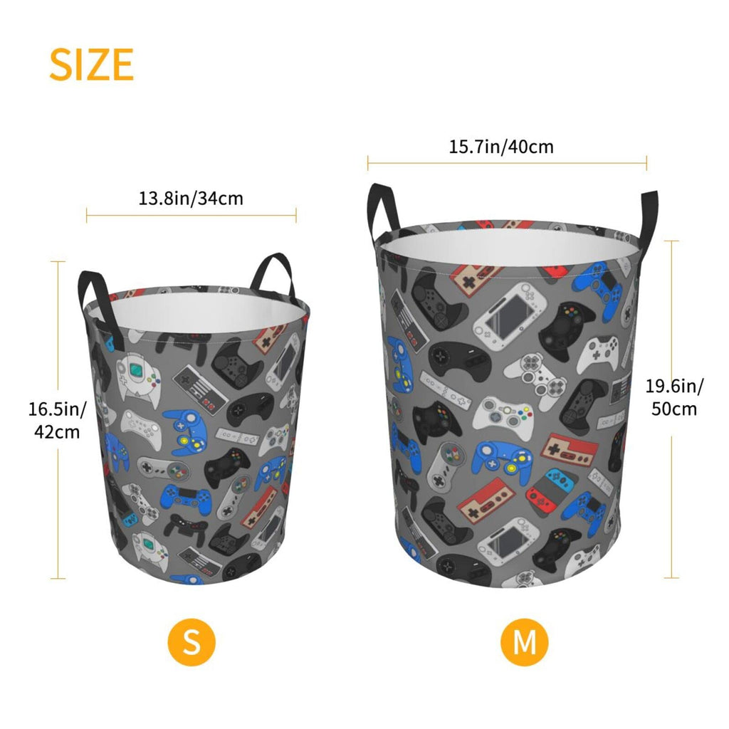 Gbuzozie Video Game Controller Grey Background Round Laundry Hamper Gaming Theme Storage Basket Toys Clothes Organizer Bin For Home Bathroom Bedroom Dorm Nursery, 38l