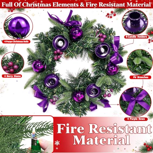 TURNMEON Ribbons Berry Balls 4-Candle Advent Wreath - Purple Fire-Retardant Centerpiece for Christmas Church Decor