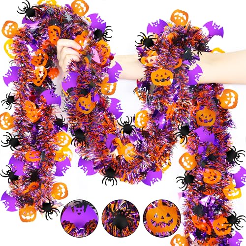 50FT Halloween Metallic Tinsel Garland with Pumpkin Spider Bat Ornaments