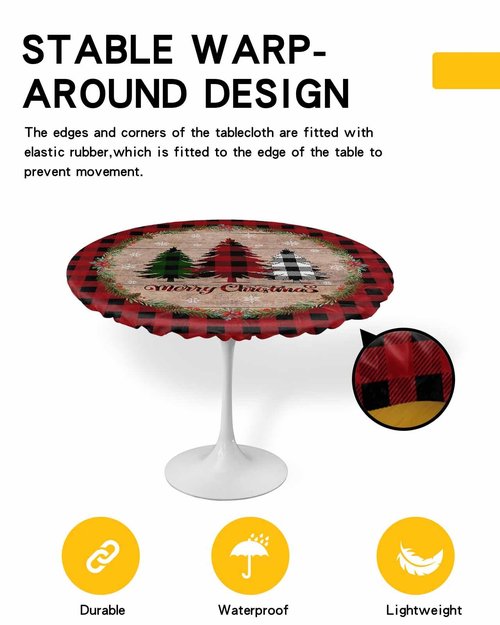 EwdeWwo Christmas Elastic Round Tablecloth, Christmas Tree Red Buffalo Plaid Xmas Snowflake Fitted Tablecloths for Round Table Oil-Proof Waterproof Table Cloth (Fit for 45" - 54" Round Tables)