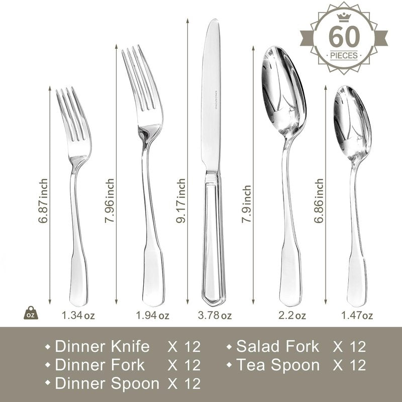 HIKAA Premium Silverware Set, Stainless Steel Flatware Set with Wide-Based Handles for Comfort & Durability, Forks & Spoons Cutlery Silverware Set (60PCS)