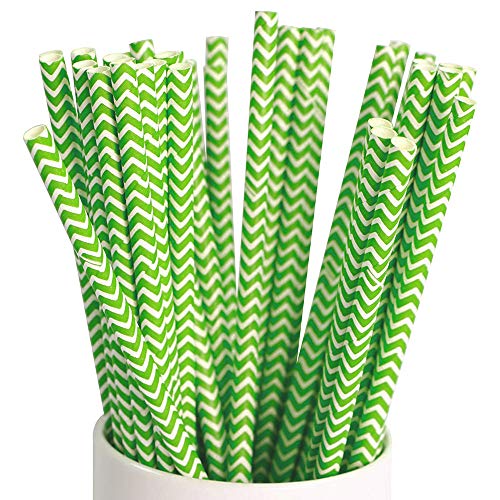 Webake Green Chevron Paper Straws 100ct 7.75in Biodegradable, Disposable, Wave Pattern