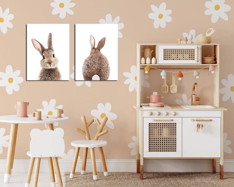 Mokihidream Nursery Wall Art Bunny Rabbit Canvas Print Wall Decor Woodland Animal Posters Kids Room Set of 2 Bedroom Decoration Bunny Rabbit Pictures Framed Wall Art