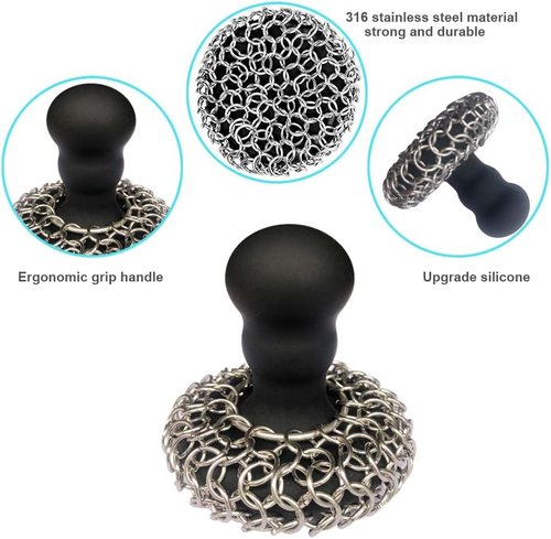 316 Chainmail Scrubber - Ergonomic Cast Iron Cleaner with Silicone Handle | Dishwasher Safe, Black
