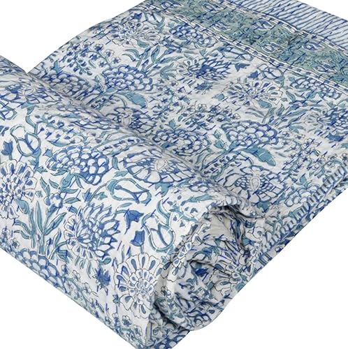 Queen Size Kantha Quilt - Pure Cotton Floral Throw Blanket 90x108