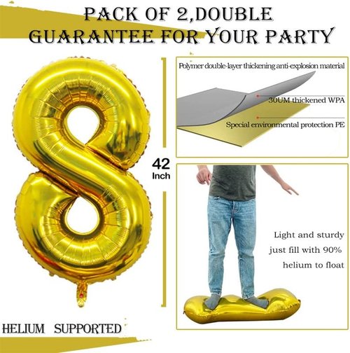 GOER Gold Foil Number 8 Balloons - Giant 42" & 32" Birthday Party Decorations | 3-Pack Set