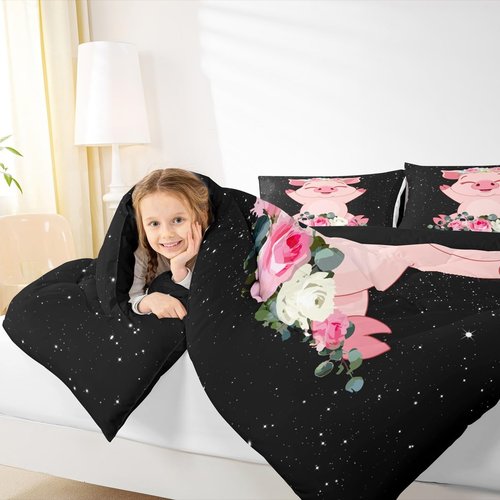 Erosebridal Pink Pig Comforter Set for Girls Kawaii Room Decor Queen, Rose Floral Leaf Duvet Insert for Kids Boys Children Cute Farm Animal Quilt Cartoom Style Soft Lightweight Bedding Set 3 Pieces