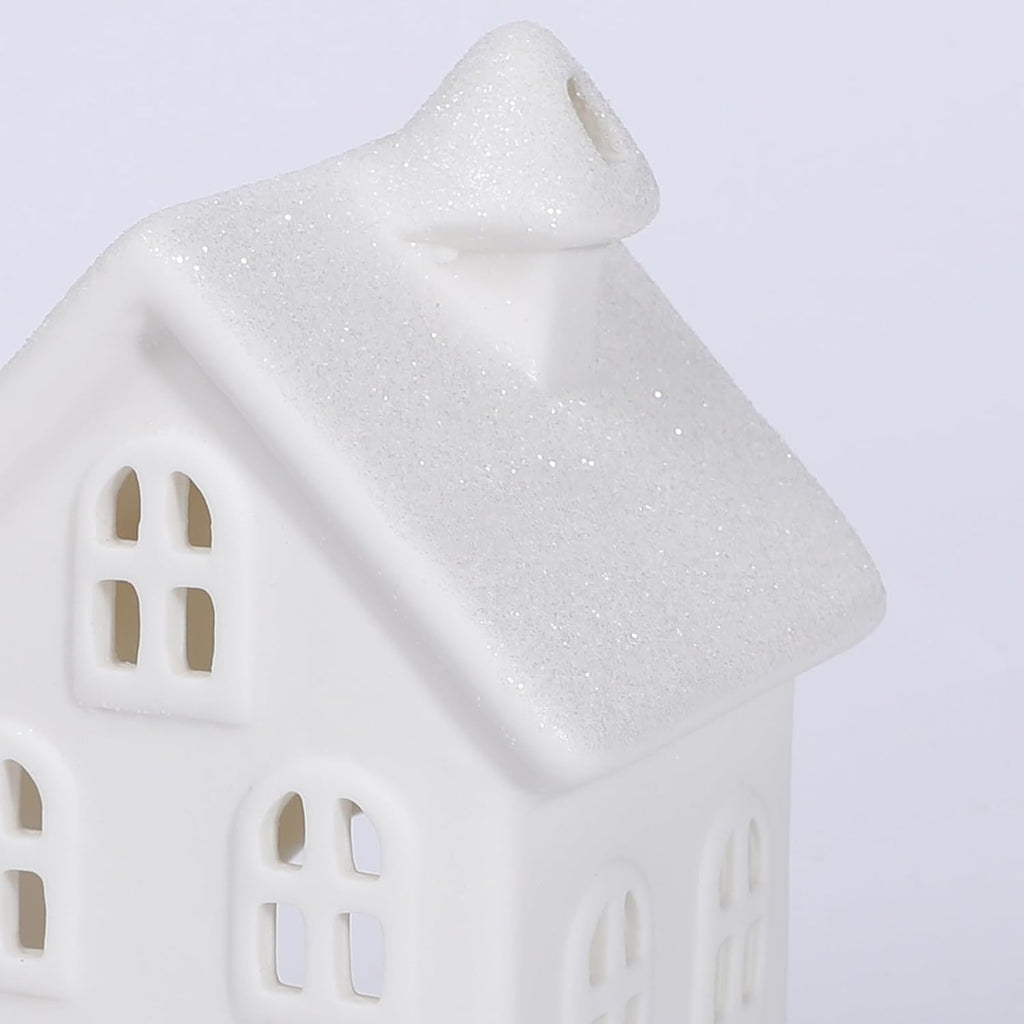 Skiennix Light Up Christmas Village Set - 4 Ceramic Houses & 5 Xmas Trees | Winter White Porcelain Decor