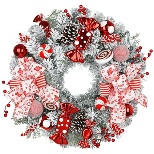Arborus 24" Artificial Christmas Wreath with Red Candy Accents, Double Ribbon Bows, Pine Cones & Ornaments – White Cedar Base (Variation: Wreath)