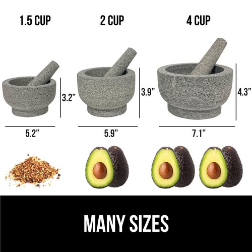 GORILLA GRIP 100% Natural Granite Stone Mortar and Pestle Set, 2 Cup, Non-Scratch Base, Heavy Duty Unpolished Molcajete Guacamole Salsa Bowl, Grind Seeds, Garlic, Herbs, Spices, Kitchen Muddler, Gray