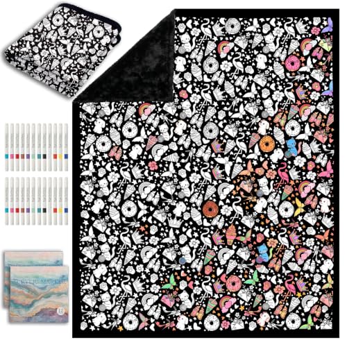 DIY Coloring Blanket - 50x60 Inch Washable Velvet Throw with 24 Markers