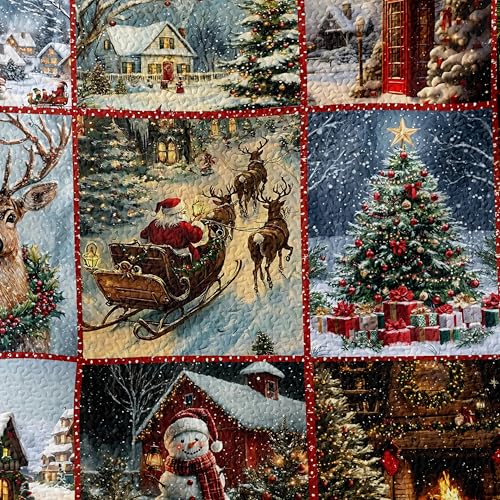 ITFRO Retro Christmas Queen Quilt Set Snow Scene Holiday Bedding with Pillow Shams