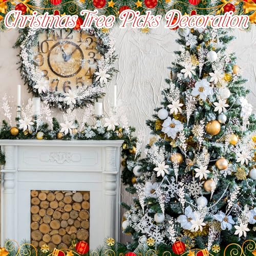 White Christmas Tree Picks and Sprays - 36 Pack, 17 Inch Glitter Berry Branches