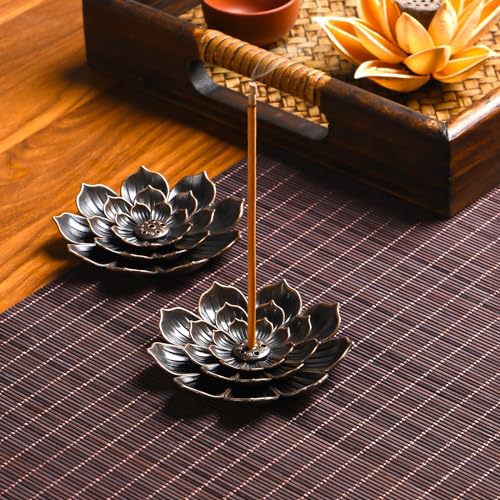 Lotus Incense Stick Holder - Zinc Alloy Burner with Ash Catcher, 2 Pack