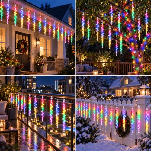 Pooqla Icicle Lights Outdoor Christmas 12 Tubes 120 LED Colorful with 8 Modes