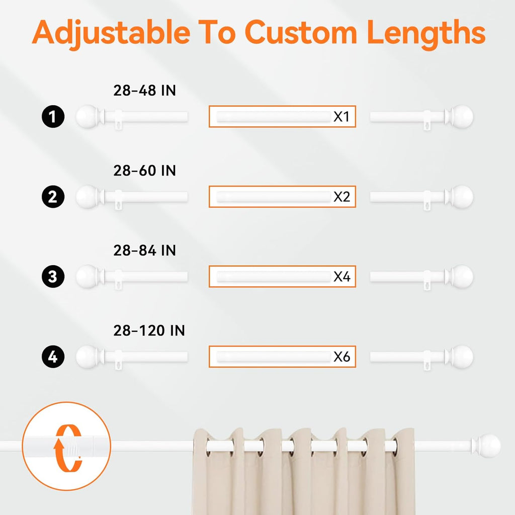 Skiennix White Curtain Rods - Heavy Duty Metal, Adjustable 28-48 Inch, 5/8" Diameter with Bracket