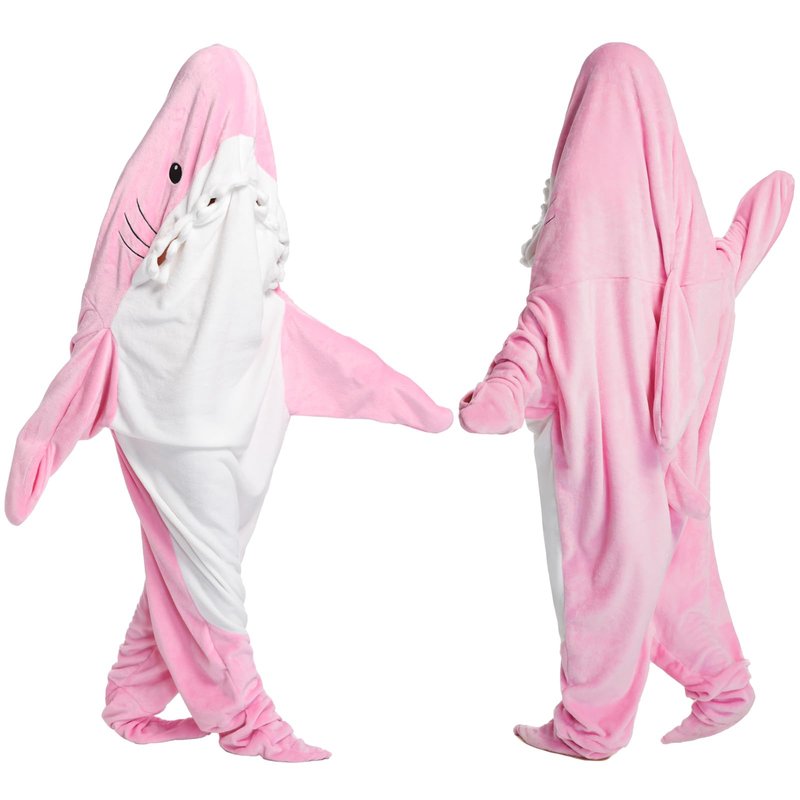 Shark Blanket Hoodie Onesie for Adult Kids, Cozy Flannel Throw Wearable Blanket, Cartoon Animals Shark Onesie Shark Costume (Pink, X-Large)