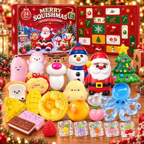 Christmas Countdown Advent Calendar 2026 with 24 Squishy Toys - Holiday Kids Gift