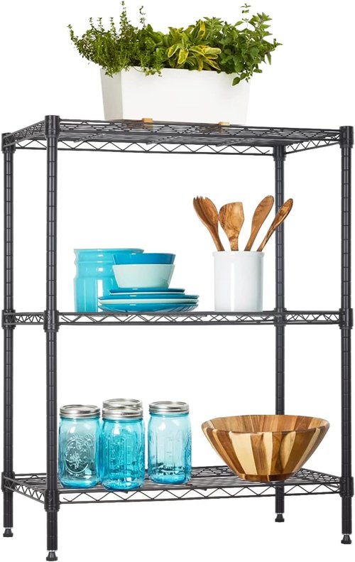 BestOffice 3-Shelf Adjustable Metal Storage Shelves - Heavy-Duty Wire Rack for Small Spaces | Black, 450Lbs Capacity