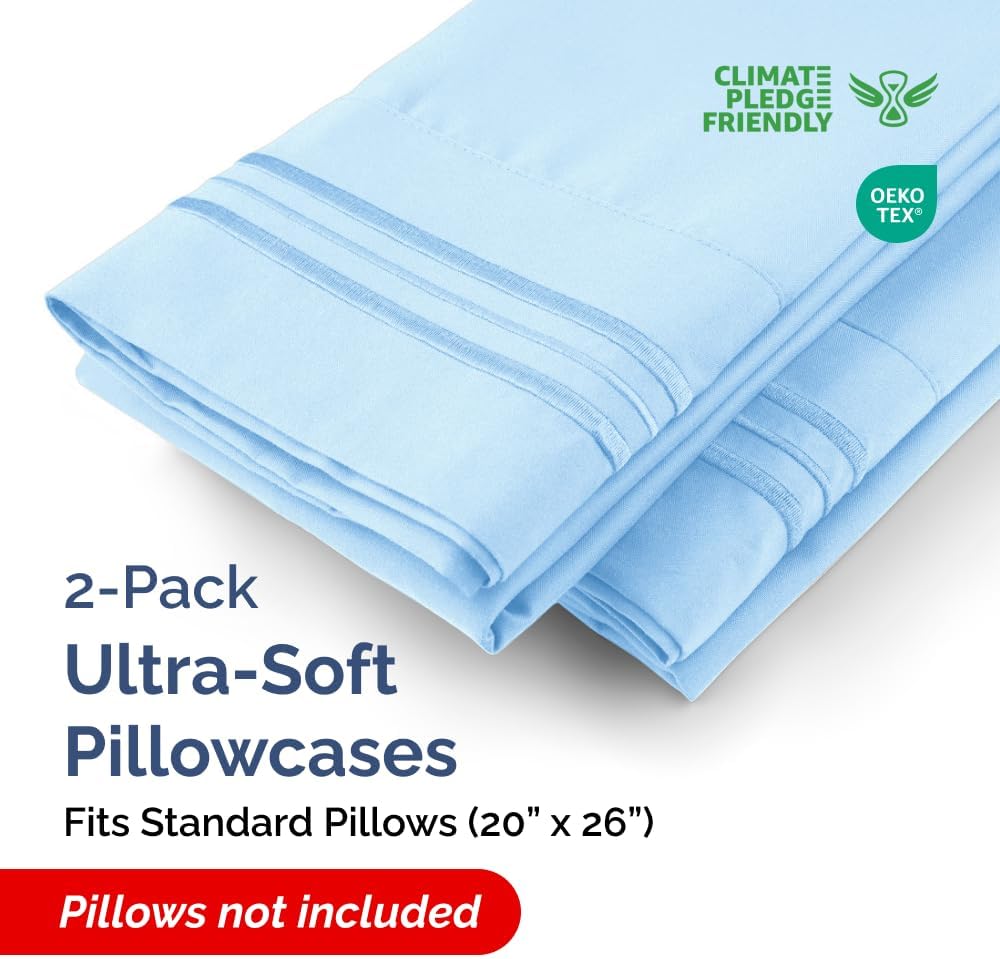 Standard Pillow Cases Set of 2 | Soft Hotel Quality, Wrinkle-Free & Stain Resistant - Light Blue