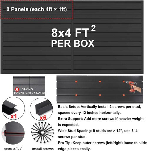 FRAYSCENT Slat Wall Paneling - Garage Tool Organizer with Wall Mount Storage | Black 8ft x 4ft PVC Panels
