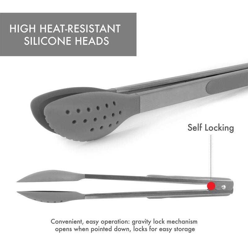 Dexas Spoon & Strain Tongs with Gravity open & Close Operation, 12", Gray