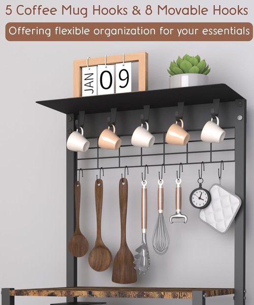 Ansionsol 4 Tier Coffee Bar Station, Corner Bakers Rack with 5 Hooks & Wire Basket, Coffee Maker Stand for Small Space, Kitchen Storage Shelf for Entryway, Living Room, Café, Black, 16.5"x13"x47.8"