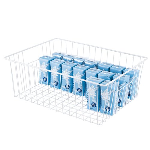 16" L x 12" W Wider Freezer Storage Organizer Baskets Container, Deep Metal Wire Chest Upright Refrigerator Divider Bins with Built-in Handles for Cabinet, Pantry, Closet, Kitchen, Pearl White