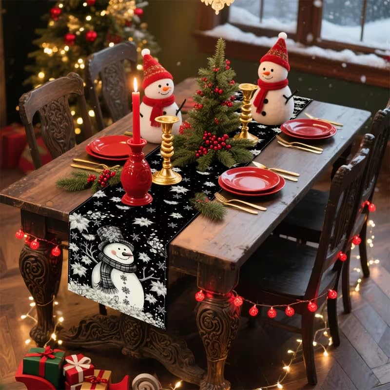 CQFusSTORE 13x60 Inch Xmas Snowman Feather White Floral Black Table Runner - Holiday Seasonal Decor