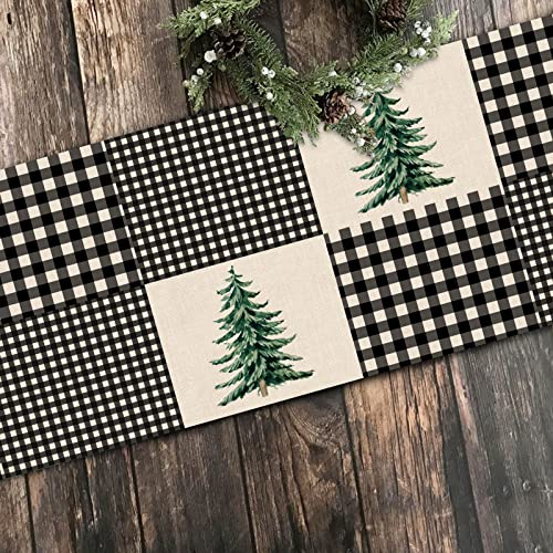Seliem Pine Tree 13"x72" Black White Buffalo Plaid Table Runner