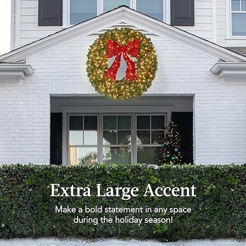 48in Artificial Pre-Lit Fir Christmas Wreath with Red Bow & 250 LED Lights - Green Spruce