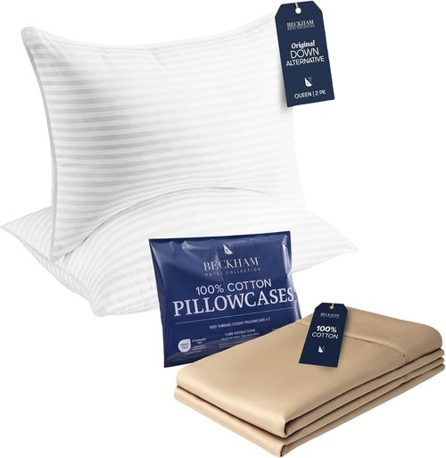 Beckham Hotel Collection Queen Pillows - Soft Down Alternative with Cotton Cases, Set of 2 | Sand Color