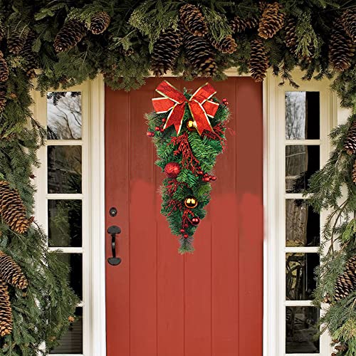 25-Inch Artificial Christmas Teardrop Swag with Pine Cones and Ribbon Bow