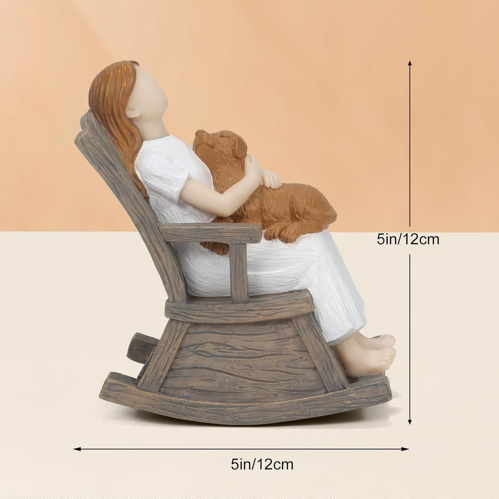 Skiennix Dog Lover Gift - Hand-Painted Figurine of Girl & Loyal Brown Dog on Rocking Chair | Cozy Home Decor Statue