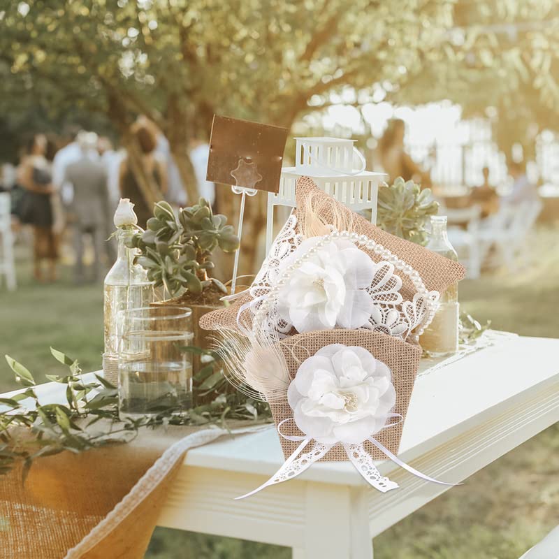 Rustic Burlap Flower Girl Basket with Pearl Bow for Wedding Ceremony