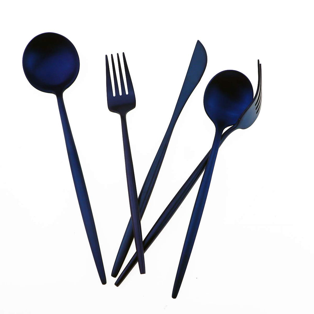 Matte Blue Gugrida 5-Piece 18/10 Stainless Steel Silverware Set, Satin Finish Flatware, Kitchen Utensils, Tableware Travel Cutlery for Camping, Office or School Lunch, Dishwasher Safe