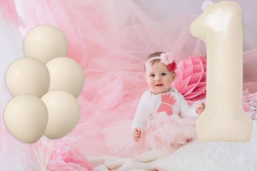 Beige Number 1 Foil Balloon - 40 Inch Large Latex Balloon for 1st Birthday Party & Baby Shower