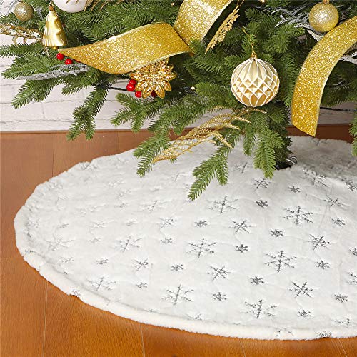 White Plush Christmas Tree Skirt 30 Inch with Silver Sequin Snowflakes