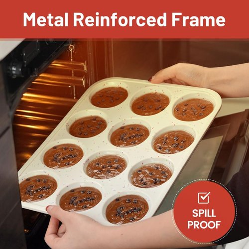 CAKETIME Silicone Muffin Pan - Non-Stick 12-Cup Cupcake Pan with Metal Reinforced Frame | Easy to Use